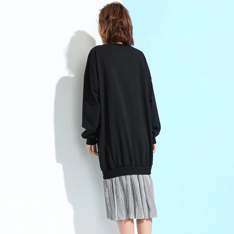 

Women two piece Autumn Fake Casual Loose Lace-up Stitching Dress Long Sleeve O neck Sweatshirt Vestidos Mid-calf Dresses YXR557