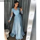 Кружевное Вечернее Платье-трапеция HONGFUYU с длинным рукавом, Платье макси с V-образным вырезом для выпускного вечера, вечернее платье с Боковым Разрезом, 2021