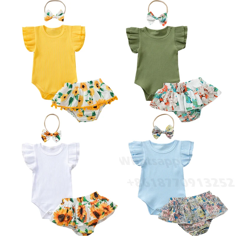 

0-24M Newborn Baby Girls Summer Casual Outfits Fly Sleeve Ribbed O-neck Romper+Printed Ruffles Shorts Holiday Cotton Clothing