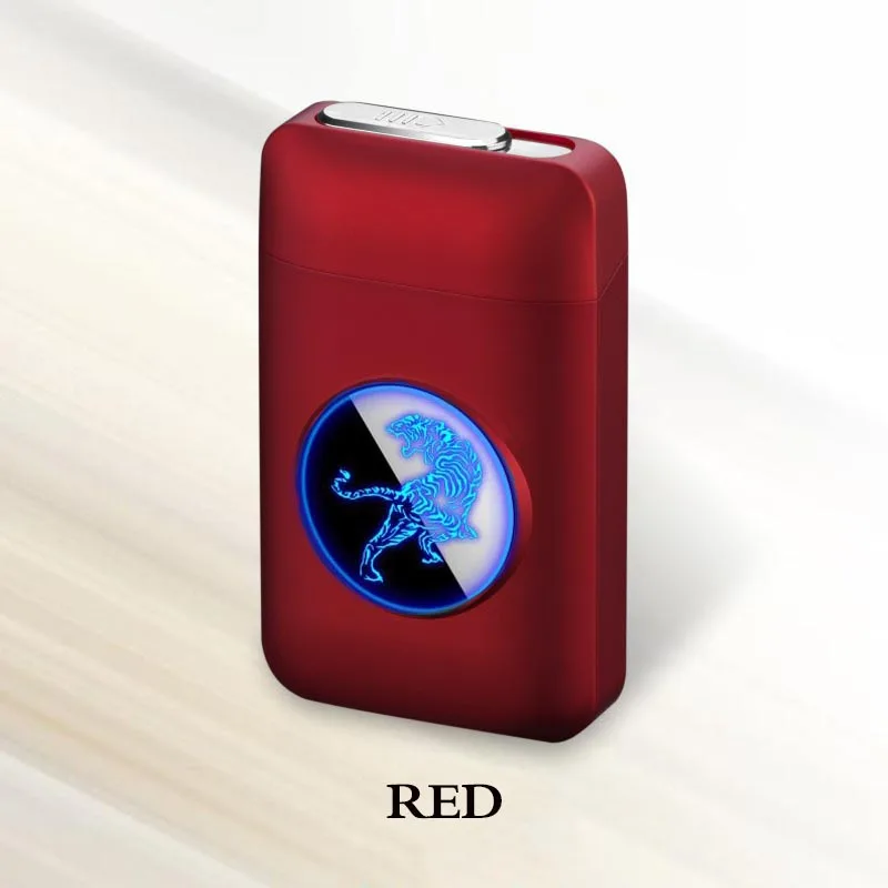 Red Tiger Чехол для сигарет с металлической емкостью, электронная USB Зажигалка, 19 шт., держатель для сигарет, электрическая плазменная дуговая зажигалка, мужские подарки - Цвет: Red Tiger
