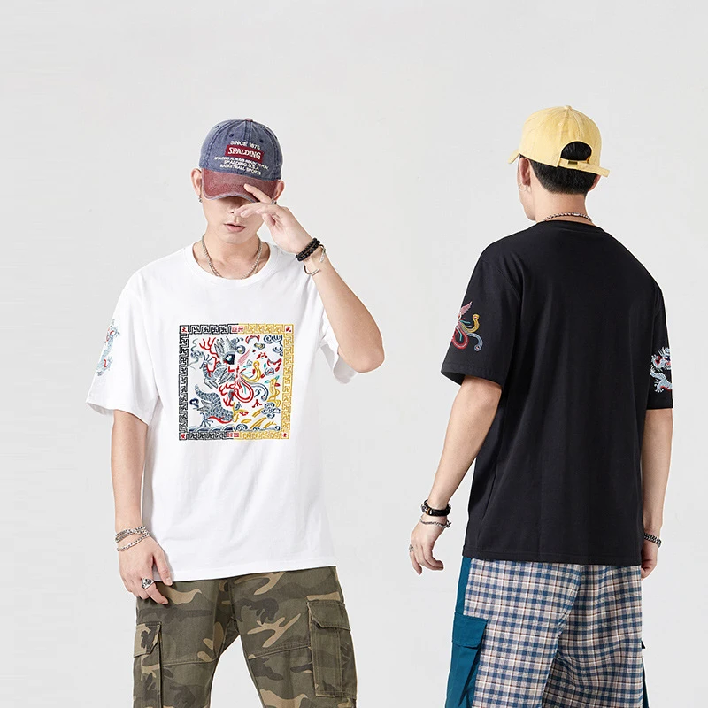 

Hip Hop Streetwear T Shirt 2021 Men Chinese Style Embroidery T-Shirt Harajuku Cotton Casual Tshirt Short Sleeve Tops Tees WY704