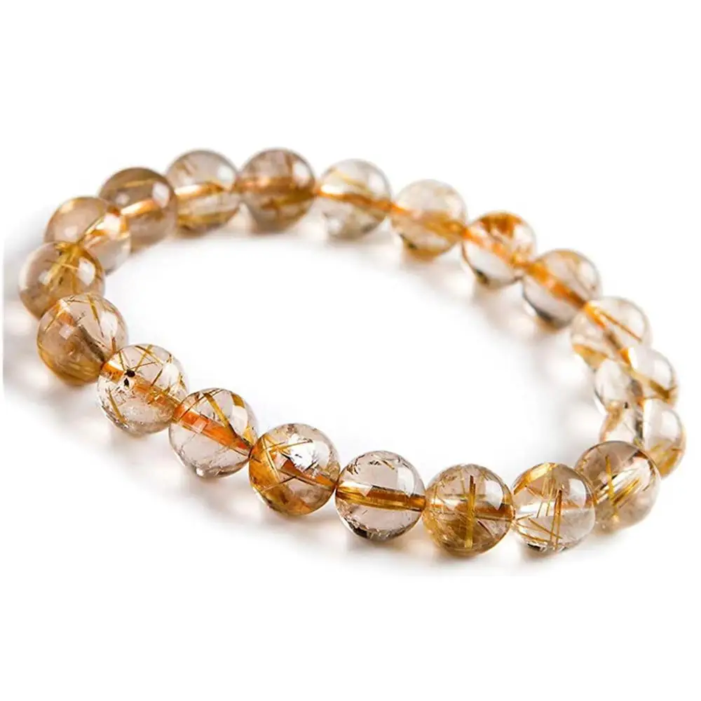 

Top 10mm Natural Gold Rutilated Titanium Bracelet Jewelry For Women Men Brazil Crystal Round Beads Love Gift Stretch Stand AAAAA