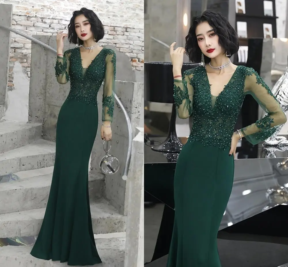 

Женское вечернее платье с юбкой-годе, зеленое платье с прозрачными рукавами и V-образным вырезом, элегантное официальное платье для вечерин...