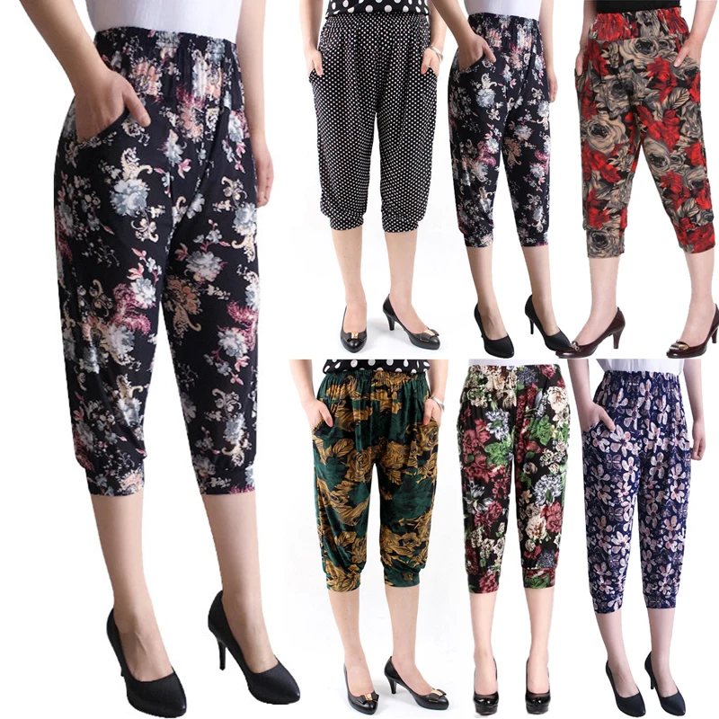 

Women's Fashion Comfy Harem Loose Seven Pants Boho Wide Trousers Vintage Floral Printed Wide Leg Pants Summer Casual Short