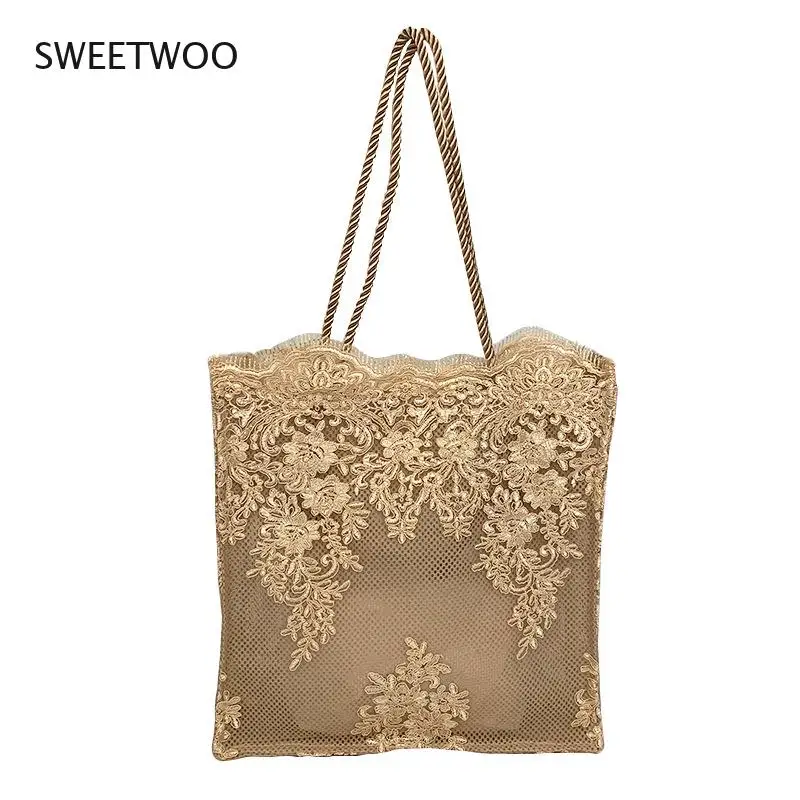 

Woman Hand Bag Embroidered Frosted Silk Straw Woven Handbag Travel Vacation Seaside Beach Lace Nylon Shoulder Bag Women Luxury
