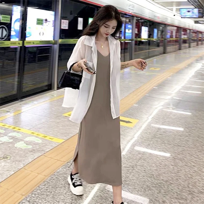 

Summer Elegant French Style Adult Lady Like Woman Design High Sense Tea Break Love Long Strap Dress Two-piece Suit Rac