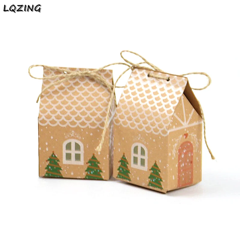 5pcs Christmas Tree Printed Kraft Paper Boxes Khaki Candy Bag Favors Gift Box Package Xmas Party Decor Bags with Rope | Дом и сад