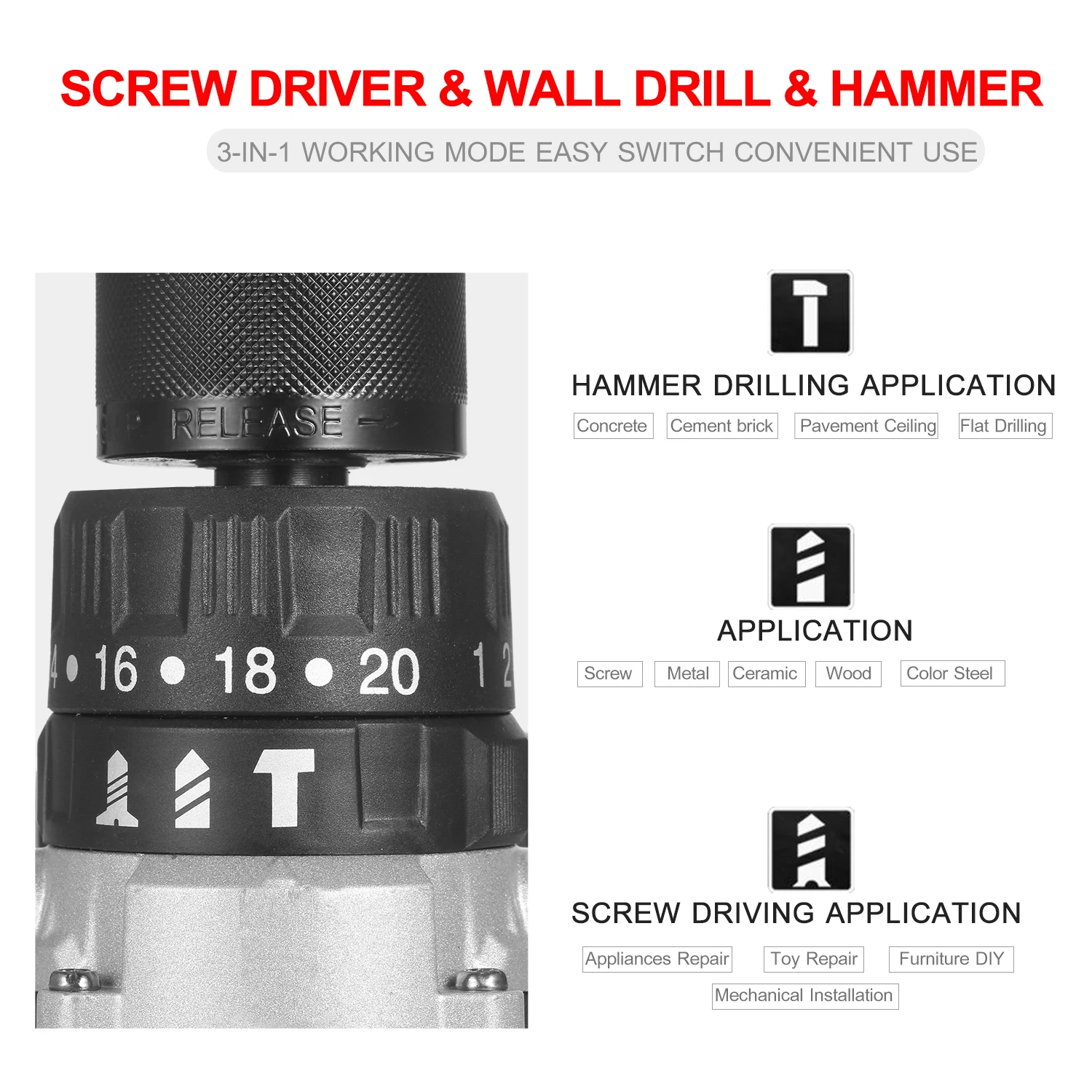 Дрель ударная аккумуляторная 1/2 нм дюйма 20 + 3 положения | Инструменты