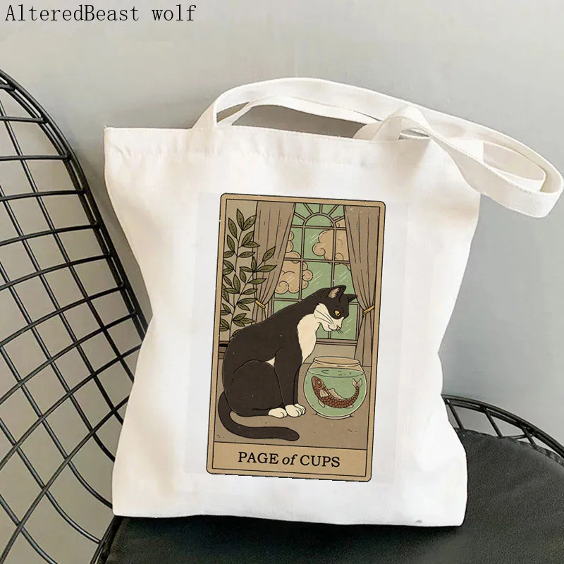 

Women Shopper bag Page of Cups cat Tarot Kawaii Bag Harajuku Shopping Canvas Shopper Bag girl handbag Tote Shoulder Lady Bag