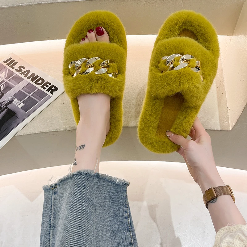 

RALSWNAY 2021 New Women Fur Slippers Winter Slides Fluffy Furry Sandals Woman Flip Flops Home Slippers Hot Ladies Plush Shoes