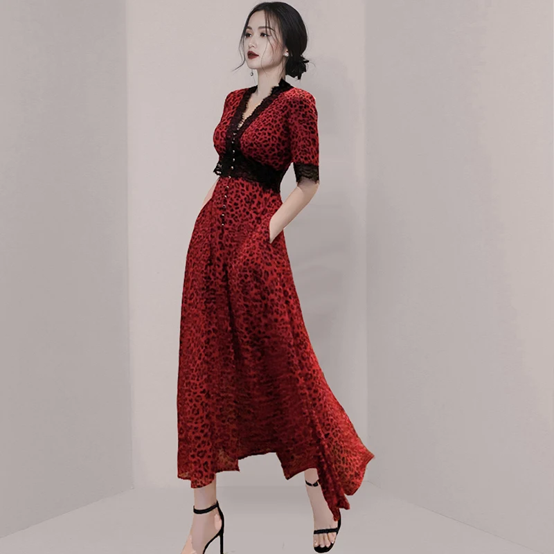 

Summer New Ladies Women's Clothing Leopard Print Dress Lace Patchwork High Waist Chiffon Short Sleeve Sexy Party Vestidos