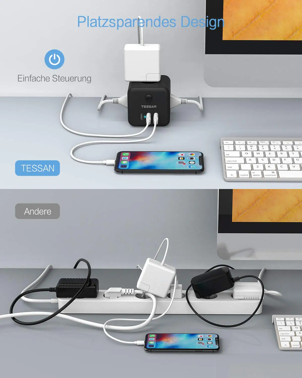Сетевой фильтр TESSAN с выключателем 3 розетки (2500 Вт/10 а) и USB-порта кабель 1 5 м для