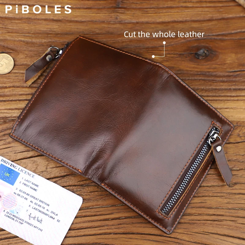 Genuine Leather Men's Wallet Handmade Card Holder Short Wallet With Zipper Coin Pocket Portable Fold Short Wallets