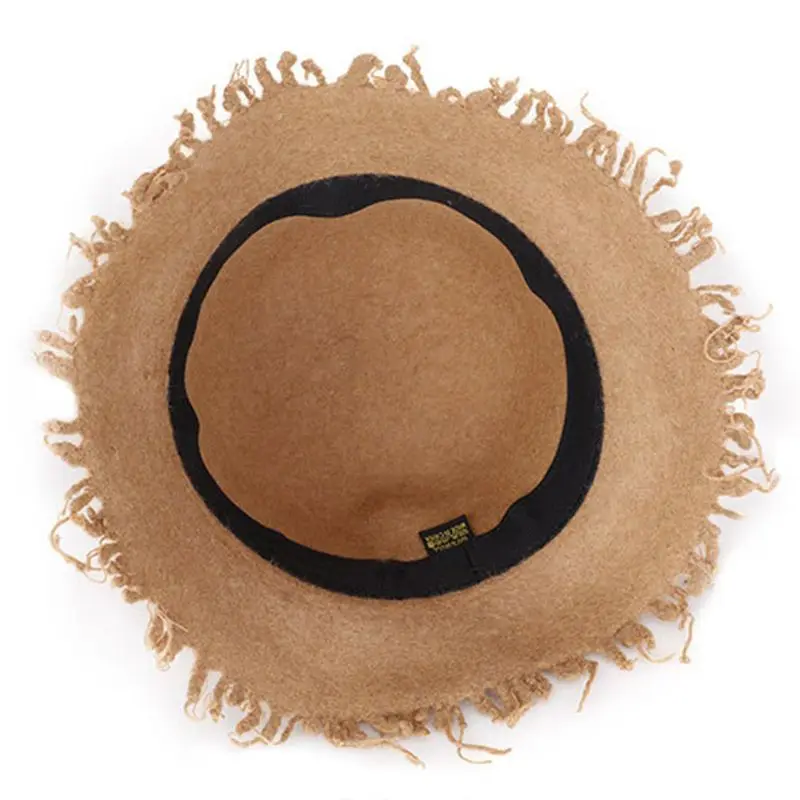 Women Girl Faux Wool Warm Church Floppy Cloche Hat Tassels Wide Brim Bucket Cap