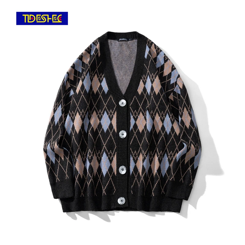 

Harajuku Knitted Sweater Hip Hop Mens Streetwear Diamond Single-breasted Sweater Pullover Loose HipHop Retro Vintage Cotton
