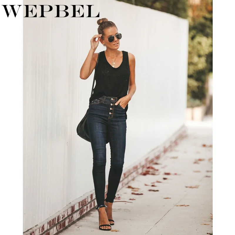 

Mandylandy Women Sexy Slim Fit Denim Jeans Lady Elastic Skinny Button Pencil Pants with Tassel Vintage Boyfriend Long Trousers