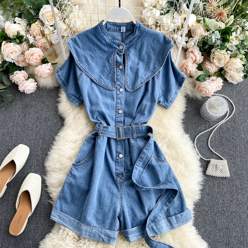 Summer shawl Short Rompers For Women Denim Jumpsuit Jeans short sleeve buttons front Jumpsuits | Женская одежда
