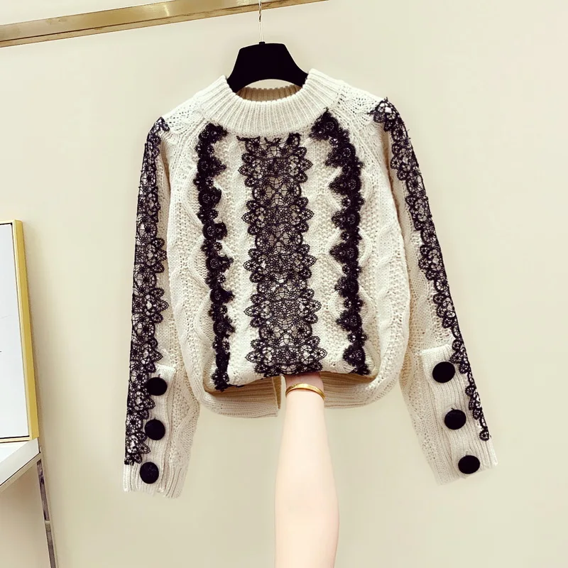 LYFZOUS Lace patchwork Twist sweaters women autumn winter o neck loose knitted pullovers female thick warm knitwear Pull femme