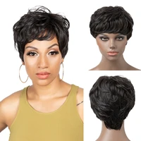 yumoreal short black curly pixie cut afro wigs with bangs cheap synthetic african curl natural for black women cosplay non lace