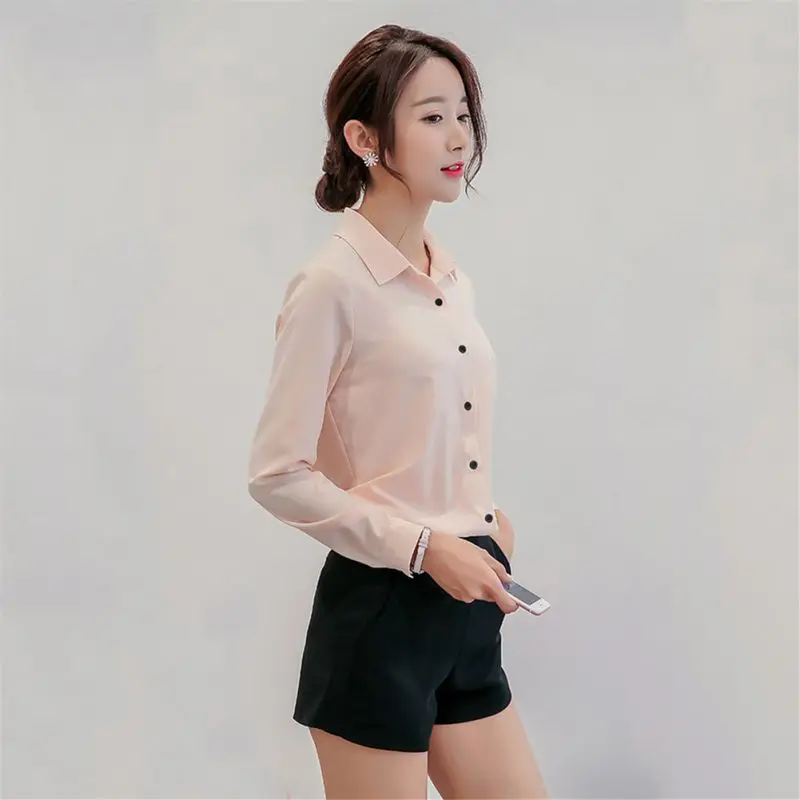 

Office Lady Autumn Solid Color Long Sleeve Button Turn-down Collar Women Blouses Elegant Temperament Lapel Shirts Female