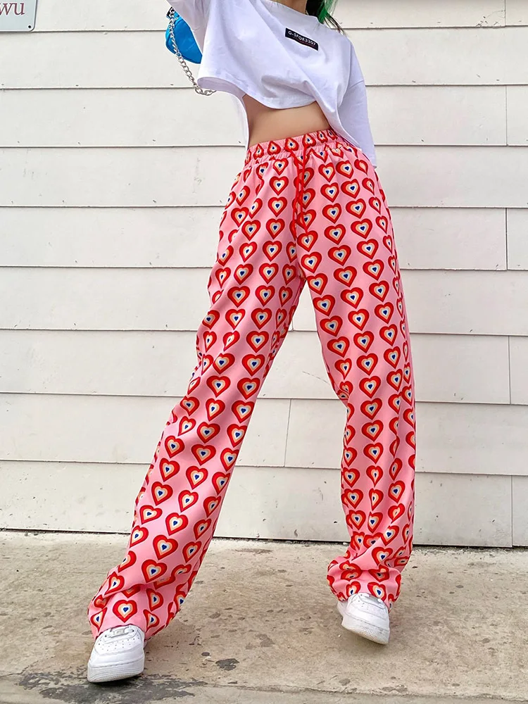 

Harajuku Heart Printed Straight Pants Women's Elastic High Waist Wide Leg Trousers All-match Lady Causal Loose Drawstring Pants