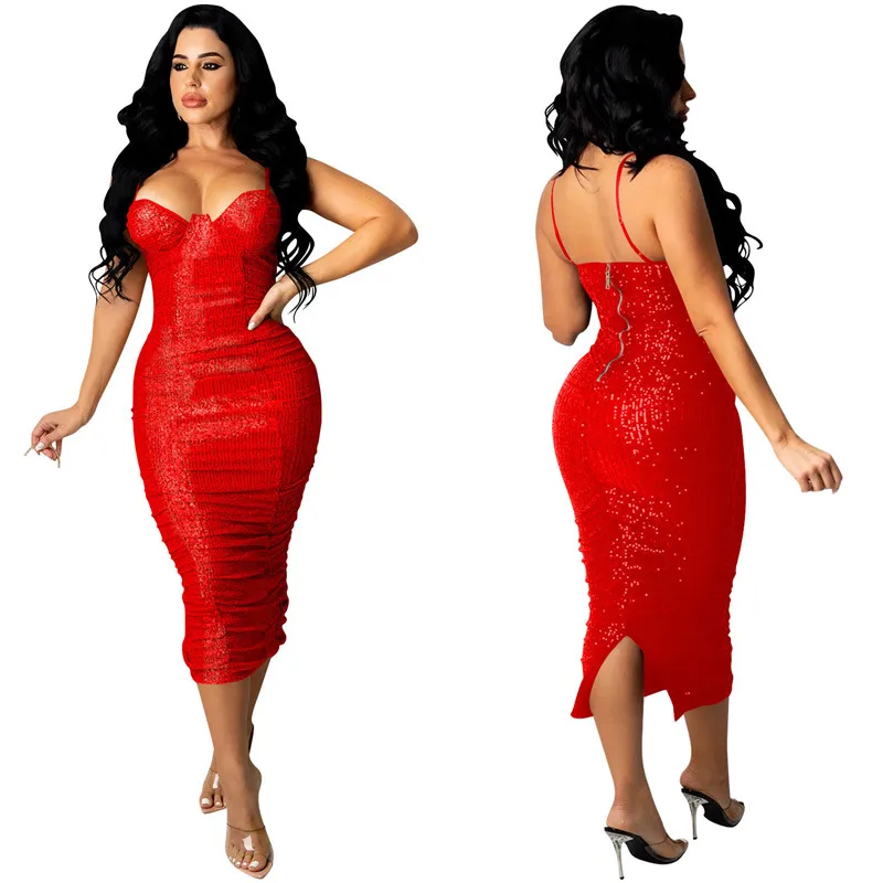 

KEXU Spaghetti Strap Bodycon Women Sequins Dress Sexy Plunging V-neck Party Slit Back Night Clubwear Pencil Dresses