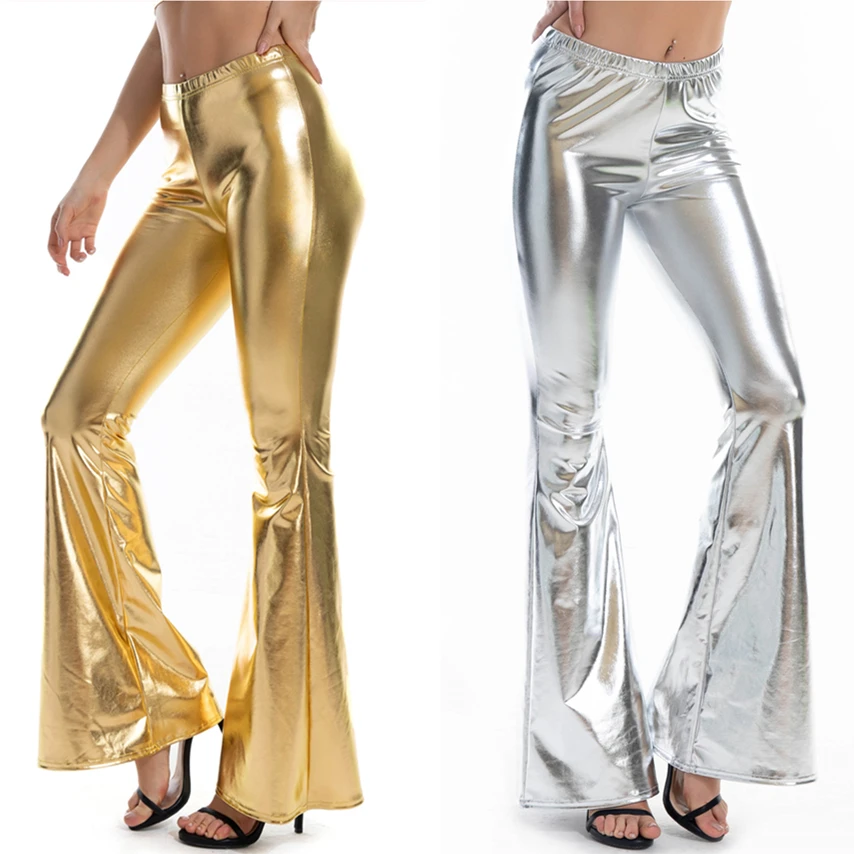 

Брюки женские из искусственной кожи, расклешенные, с высокой талией, разноцветные, серебристые