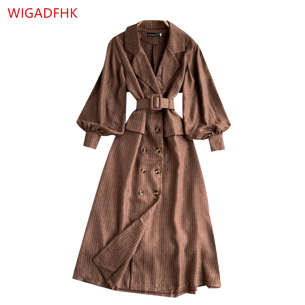 

Elegant Suit Collar Dress Autumn And Winter New Female Retro Double-breasted Lace-up Waist Lantern Sleeve Windbreaker Jacket
