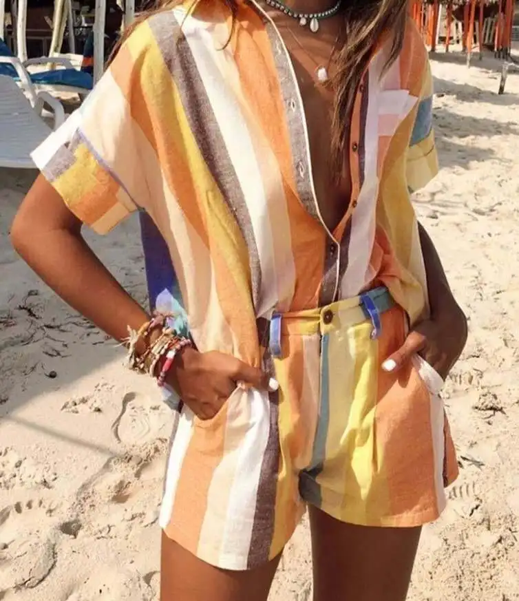 

2021 new casual striped short-sleeved shirt T-shirt shorts two-piece suit