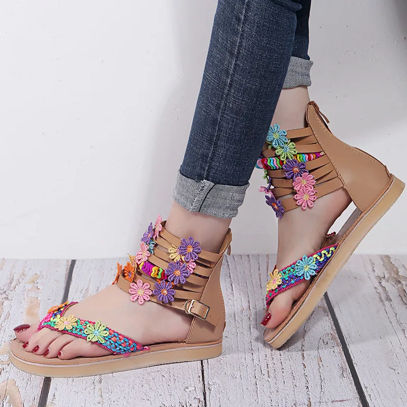 Женские сандалии на плоской подошве с цветами Размеры 35-43 | Обувь