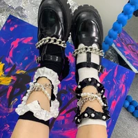 kawaii pearl chain lace cotton socks japanese harajuku black white love heart hollow out women socks winter y2k calcetines mujer