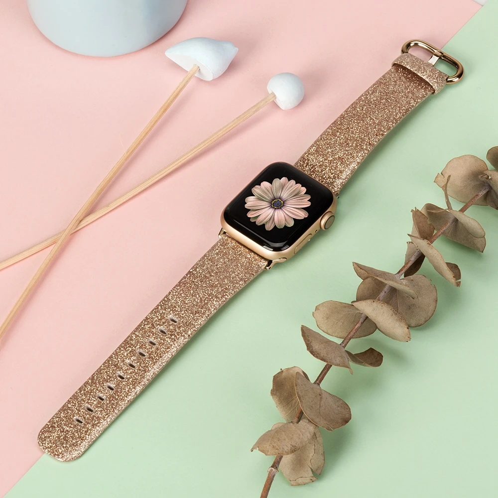 Leather Band for Apple Watch 38mm 40mm 41mm Women Bling Diamond Genuine Shiny Glitter Strap for iWatch Series 8 7 SE 6 5 4 3 2 1