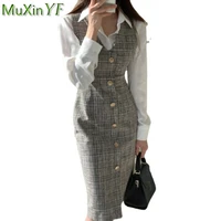 womens autumn winter button sleeveless dress korean office lady graceful vintage plaid slim v neck vest dresses