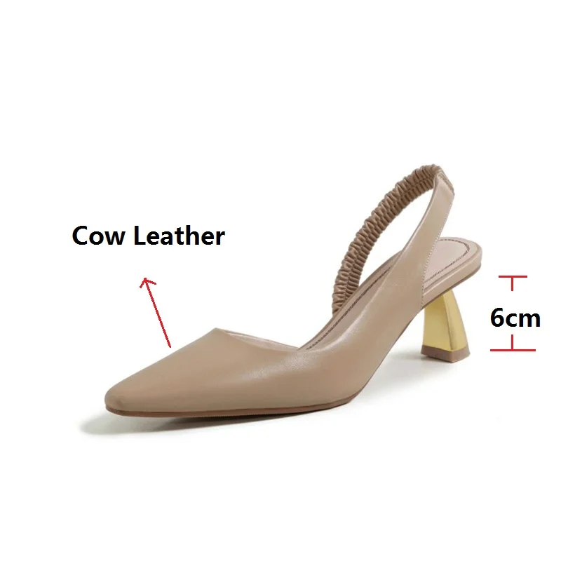

Ochanmeb 2021 Spring summer natural genuine leather slingback pumps shoes woman strange gold kitten heels elastic pleated shoes