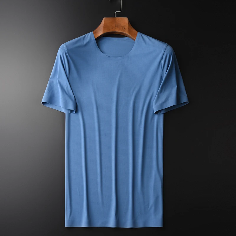 

Minglu Summer Thin Male T-shirts Luxury Short Sleeve Solid Color Ventilate Casual Mens T-shirts Fashion Slim Fit Blue Man Tee