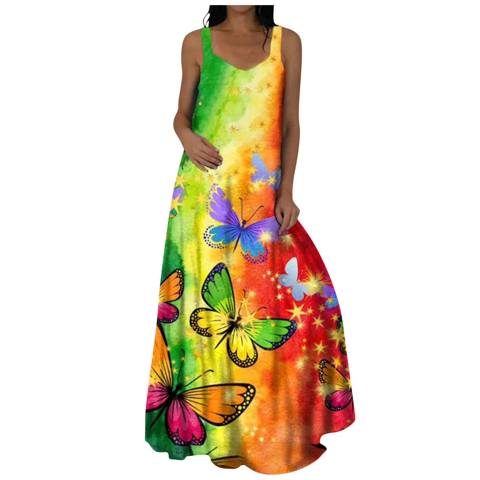 

2021 New Arrival Women Sling Dress Gradient Tie-dye Printed Beach Long Dress 3D Butterfly Print Casual Loose Dress Lady Vestidos