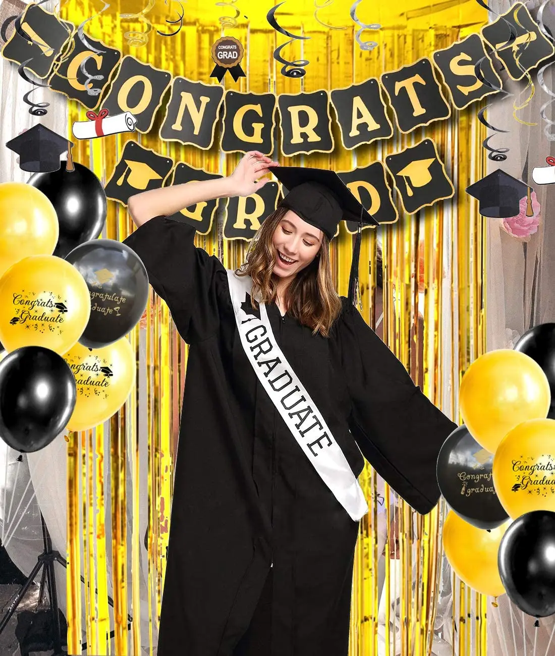 Conjunto de globos negros y dorados, banderines de felicidades, globos de confeti de graduaci&oacute;n, faja de graduaci&oacute;n para decoraciones de Graduaci&oacute;n-1