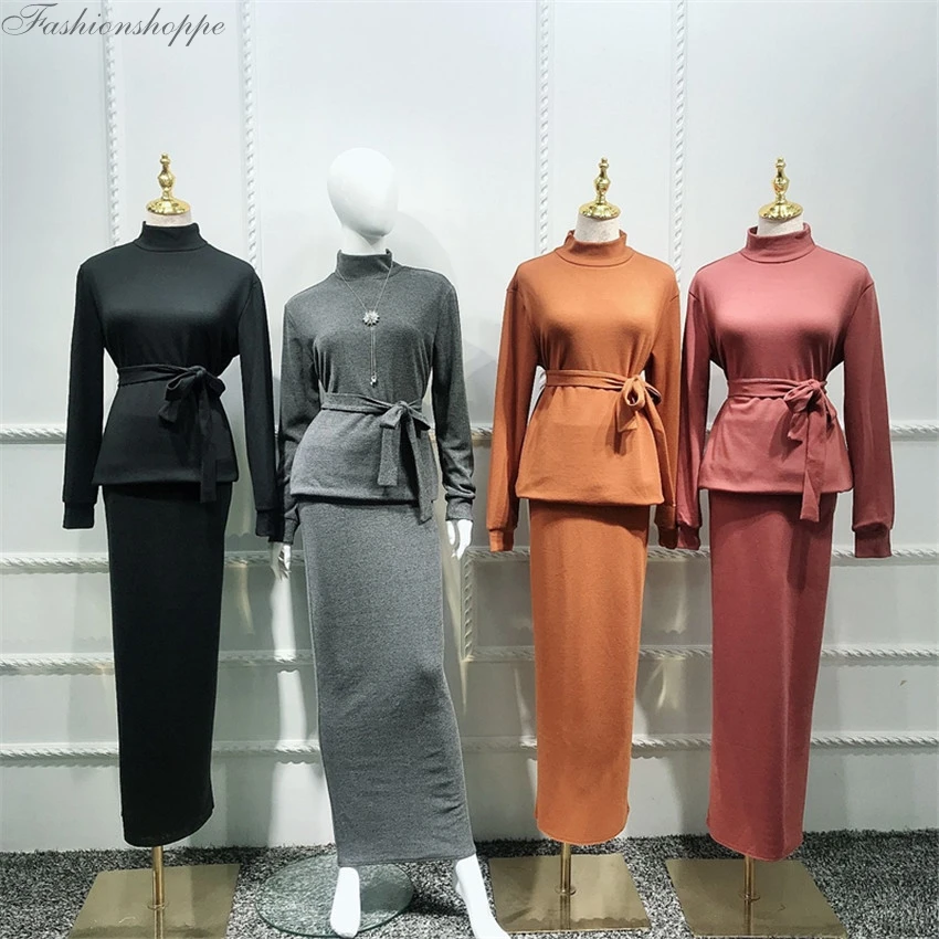 Трикотажный комплект из двух предметов для женщин abaya Дубай мусульманский топ с высокой талией макси юбка костюм Исламская одежда Conjunto Feminino Ensemble Femme