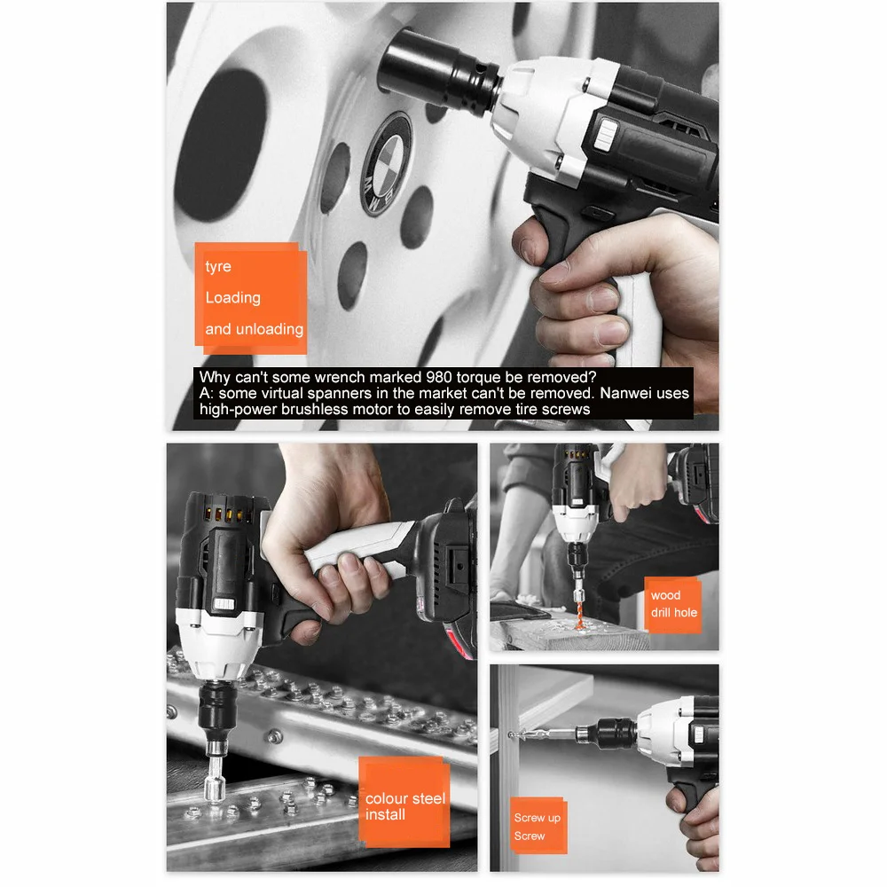

Electric Impact Wrench 21V Brushless Charge Big Torque Wrench Portable 4000mAh Li-ion Battery Hand Drill Installation Power Tool