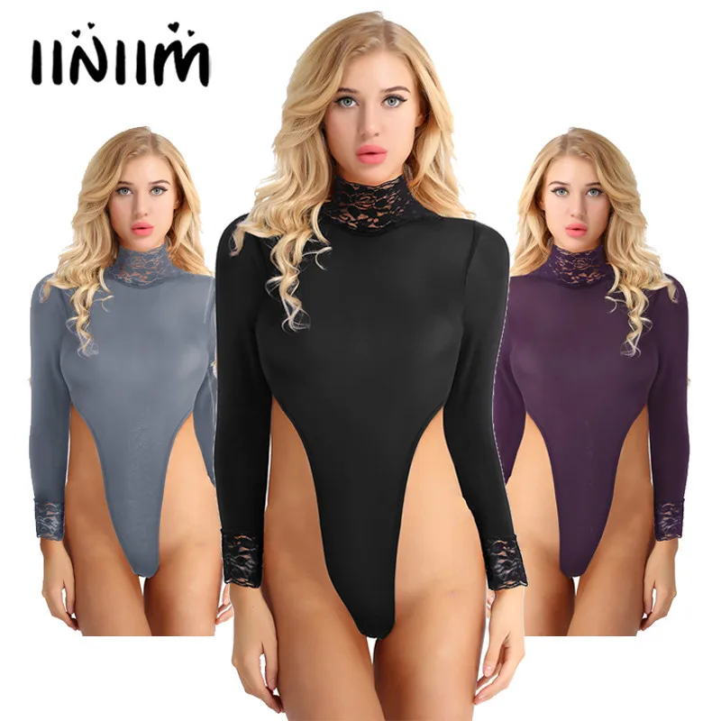 

Catsuits Womens Body String Sheer Lingerie Transparent Long Sleeve Turtleneck Hook Crotch High Cut Tank Thongs Leotard Bodysuit