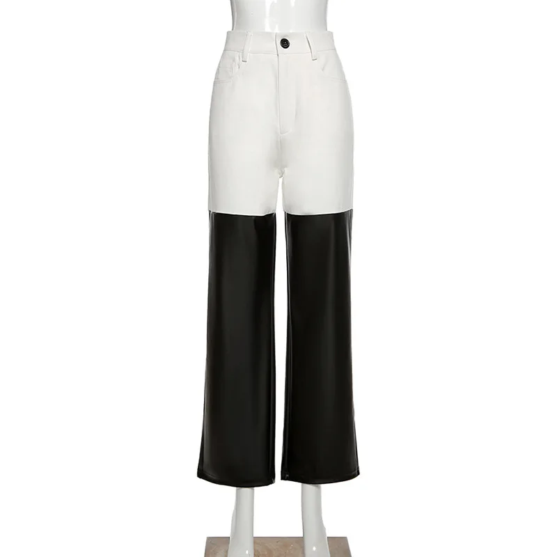 

High-waisted straight barrel PU skin stitching Casual pants 2021 New Fashion Femme Fitness Leather Sexy Slim Trouses