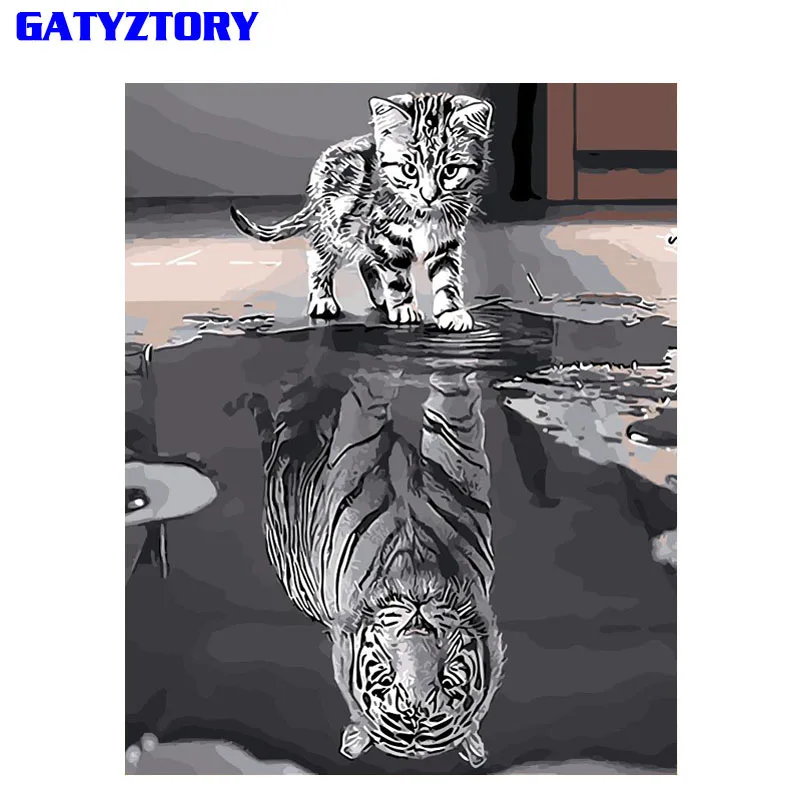 GATYZTORY отражение кошка Сделай Сам краска по номерам Акриловая Краска на холсте Современная Настенная художественная картина Раскраска по номерам домашний декор