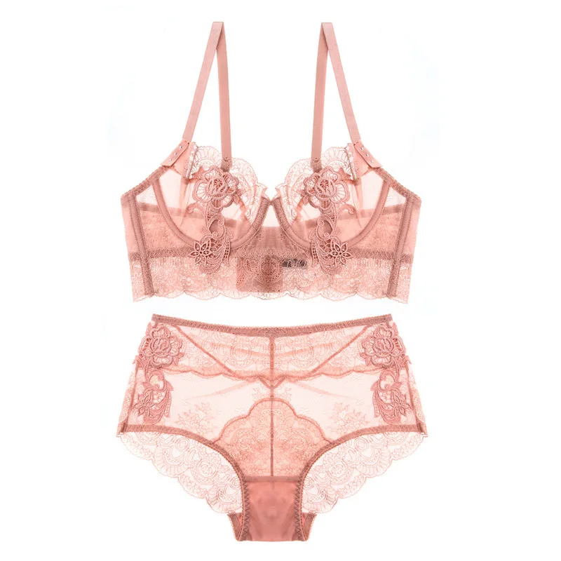 

French Underwear Set with Sexy Lace No Sponge Hollowed Out Perspective Ultra Thin Bra Small Chest Gathered Bra Suit