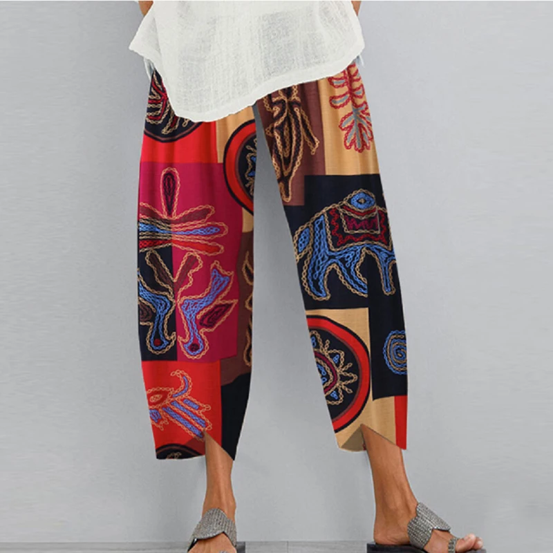 

Vintage Graffiti Printed Women Long Pants Fashion 2021 Autumn Elastic Waist Wide-Leg Pant Lrregular Pant Casual Loose Lady Pant