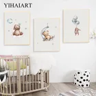 Настенный плакат и рисунок для детской комнаты, рисунок медведя, кролика, лесного массива, абстрактный Рисунок с Луной, скандинавский рисунок для детской спальни