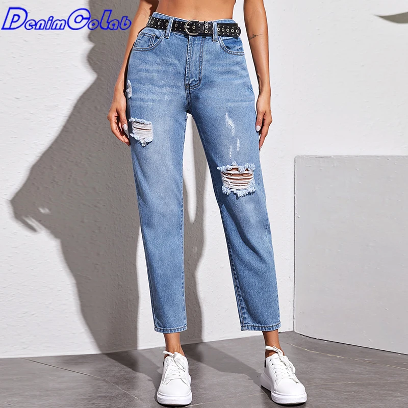 

Denimcolab High Waist Holes Straight Pants Jeans Women 100% Cotton High Quality Ripped Jeans Ladies Casual Trousers Mom Jeans