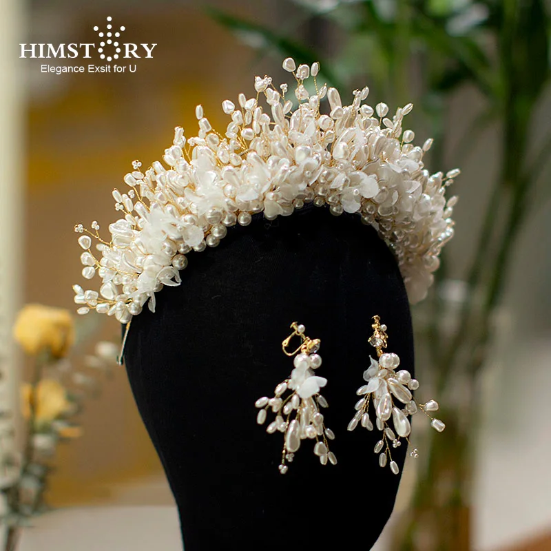 HIMSTORY Luxurious Handmade Pearl Brides Princess Tiaras Headbands  Wedding Hair Accessory Prom Party Engagement Head Jewelries