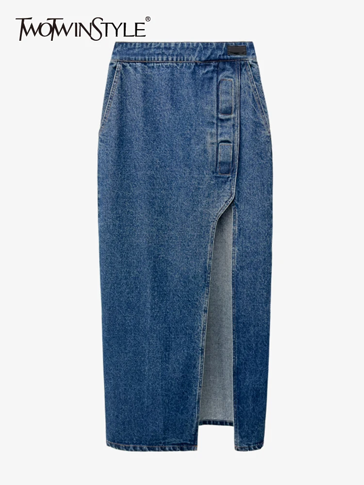 

Женская джинсовая юбка TWOTWINSTYLE, юбка средней длины с высокой талией и карманами в стиле пэчворк, осень 2021