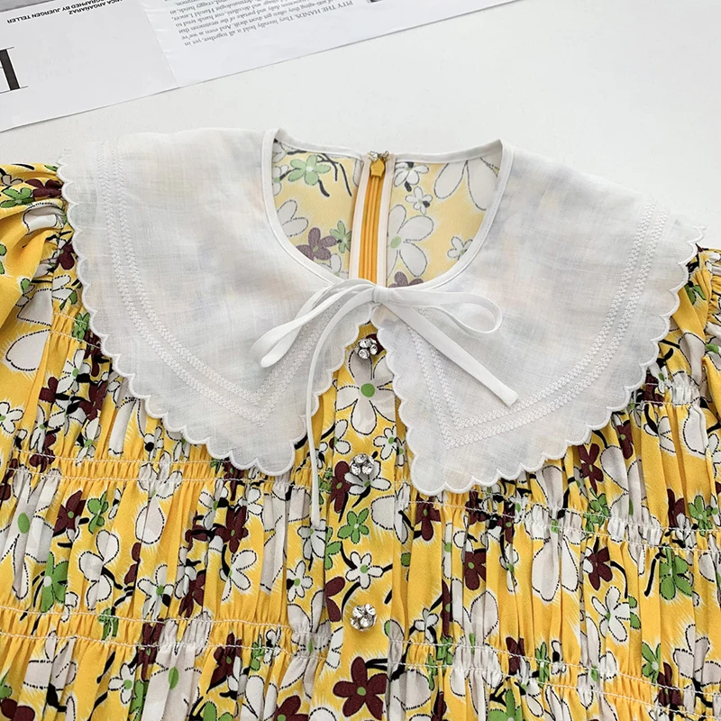 

Yellow Sweet Print Dress For Women Lapel Collar Puff Short Sleeve High Waist Mini Hit Color Dresses Female Summer 2021 Style