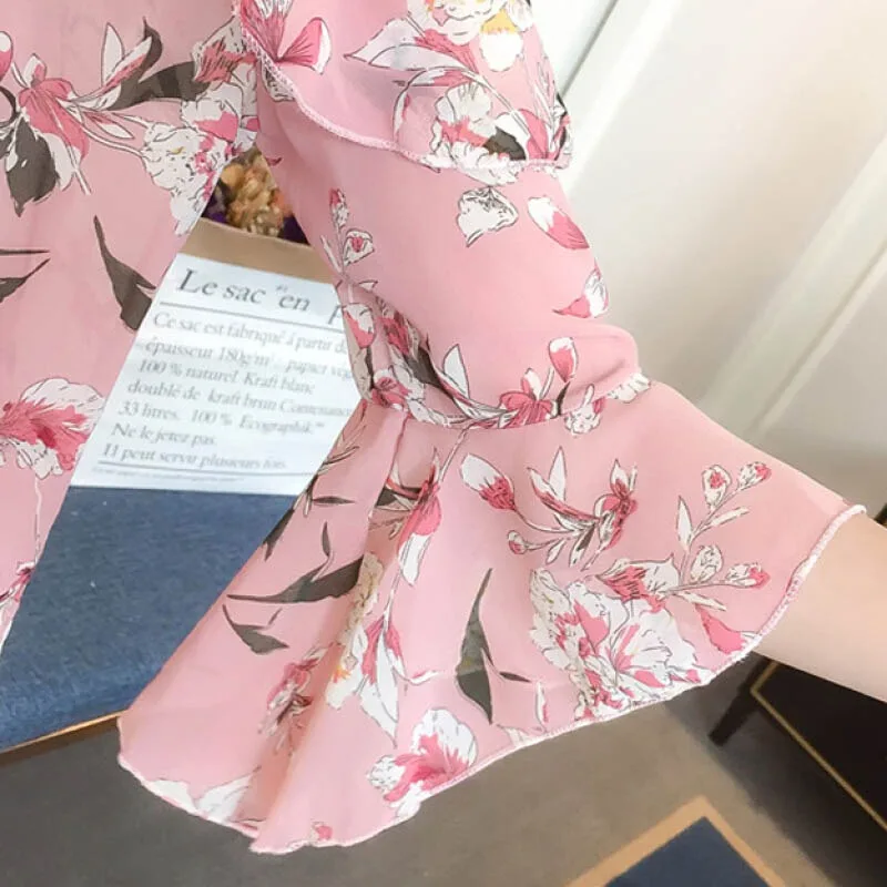 

Fashion Floral Print Chiffon Blouse Women Sexy Cold Shoulder Casual Tops Female Blouse